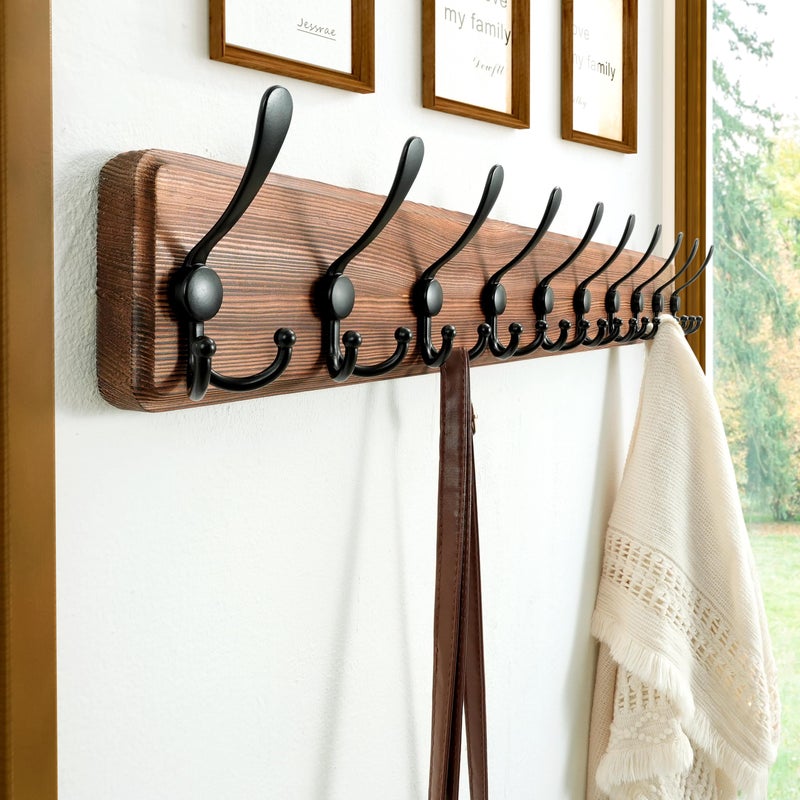 Dseap Coat Rack Wall - Heavy-Duty 38-1/4" Long, with Reinforced 10 Custom Tri-Hooks, Solid Wood Wall Hanger for Coats Hat Jackets - Rustic Farmhouse Entryway Hallway Storage, Natural & Black - Image 2